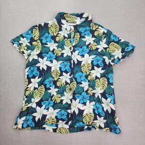 Croft Barrow Button Up Blouse Women's XL Tropical Floral Print Short Sleeve Top